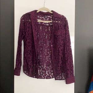 Purple floral embroidered button down long sleeve